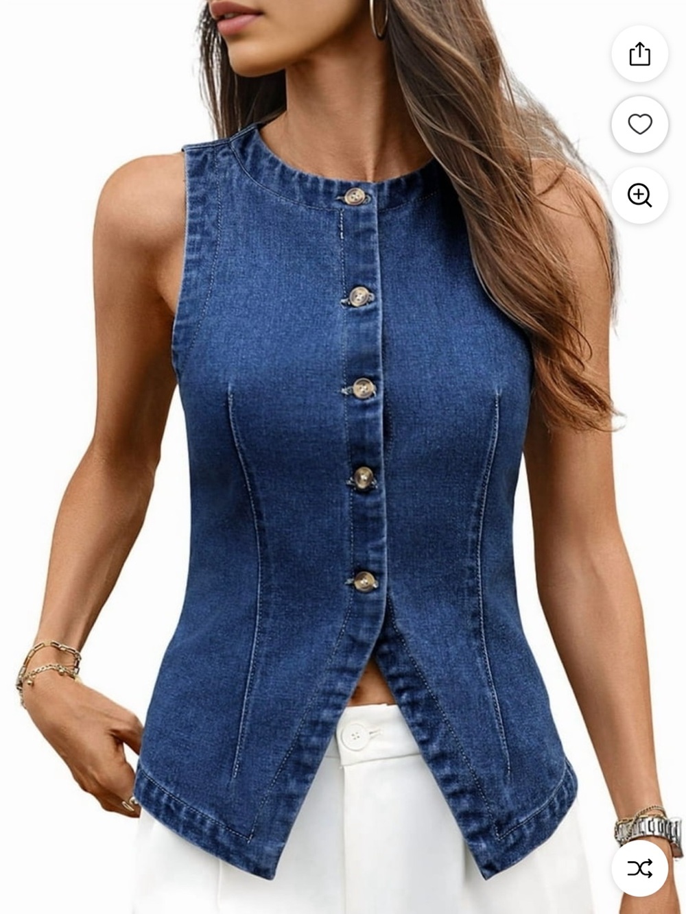 Denim Vest Women Sleeveless Stretchy Jean
Top Button Down
Crewneck Casual Summer - Picture 5 of 6